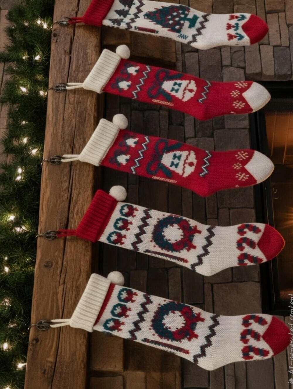 SET OF 5 Vintage Hand Knit Christmas Stockings Classic Retro Fair Isle 22-in.